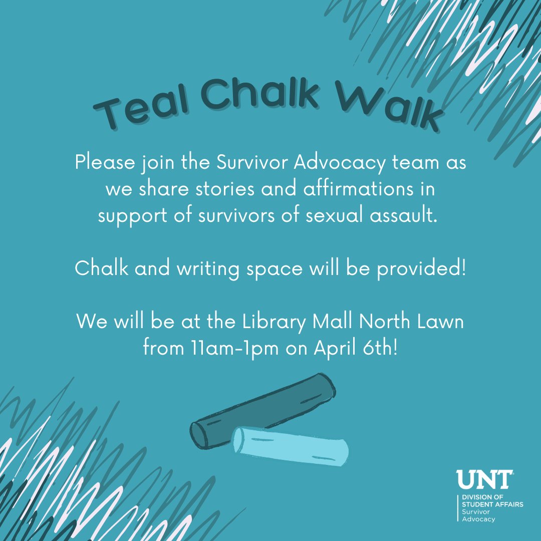 It is sexual assault awareness month, so come join us for our teal chalk walk! As always, we are here to help in the Union Suite 411 if you need anything!