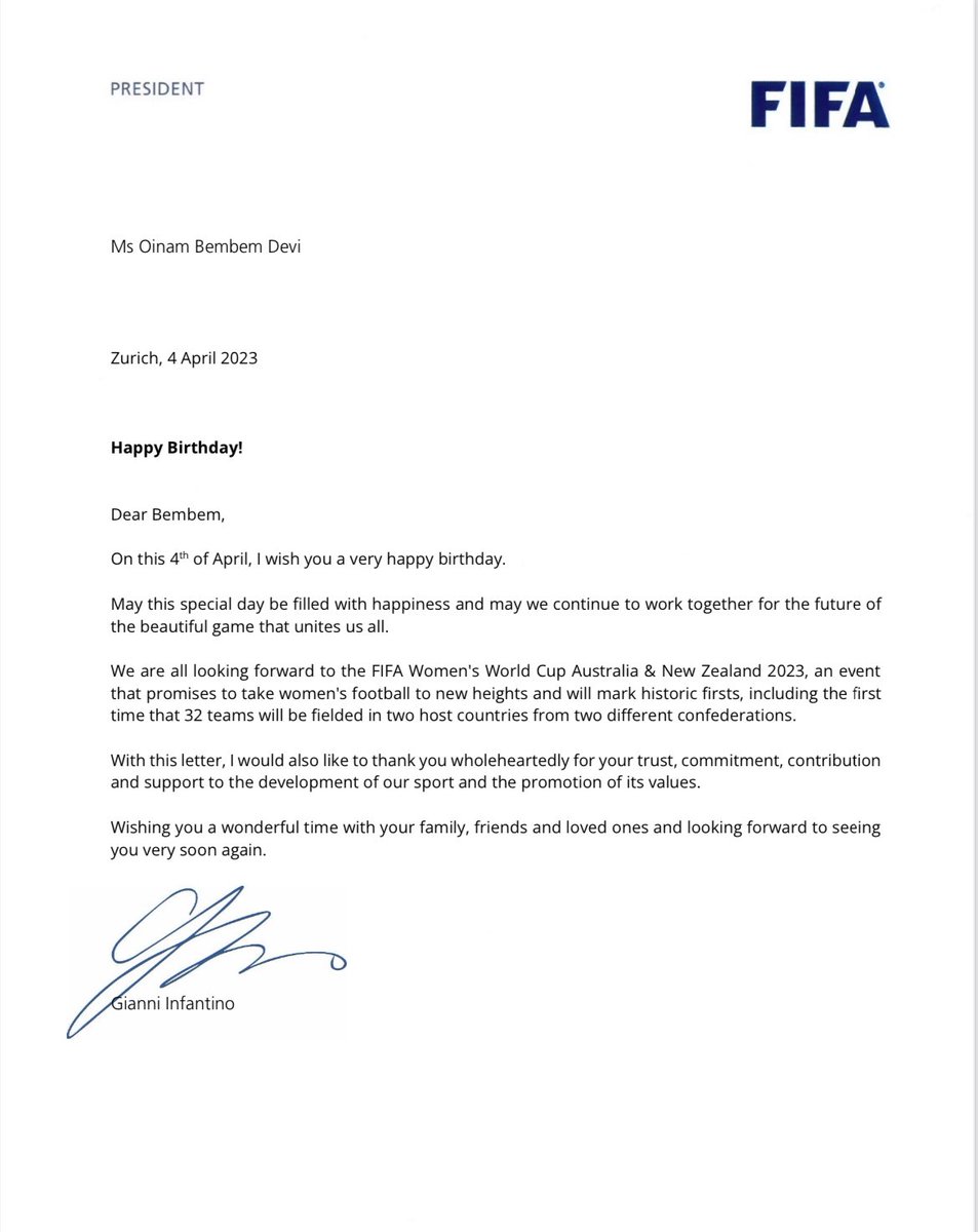 Want to take this opportunity to thank <a href="/FIFAcom/">FIFA</a> President and the entire team for being so kind - taking the time to send me birthday wishes. So humble and proud to be a part of this team, of the sport that we love and binds us.  @gianniinfantino #lovefootball