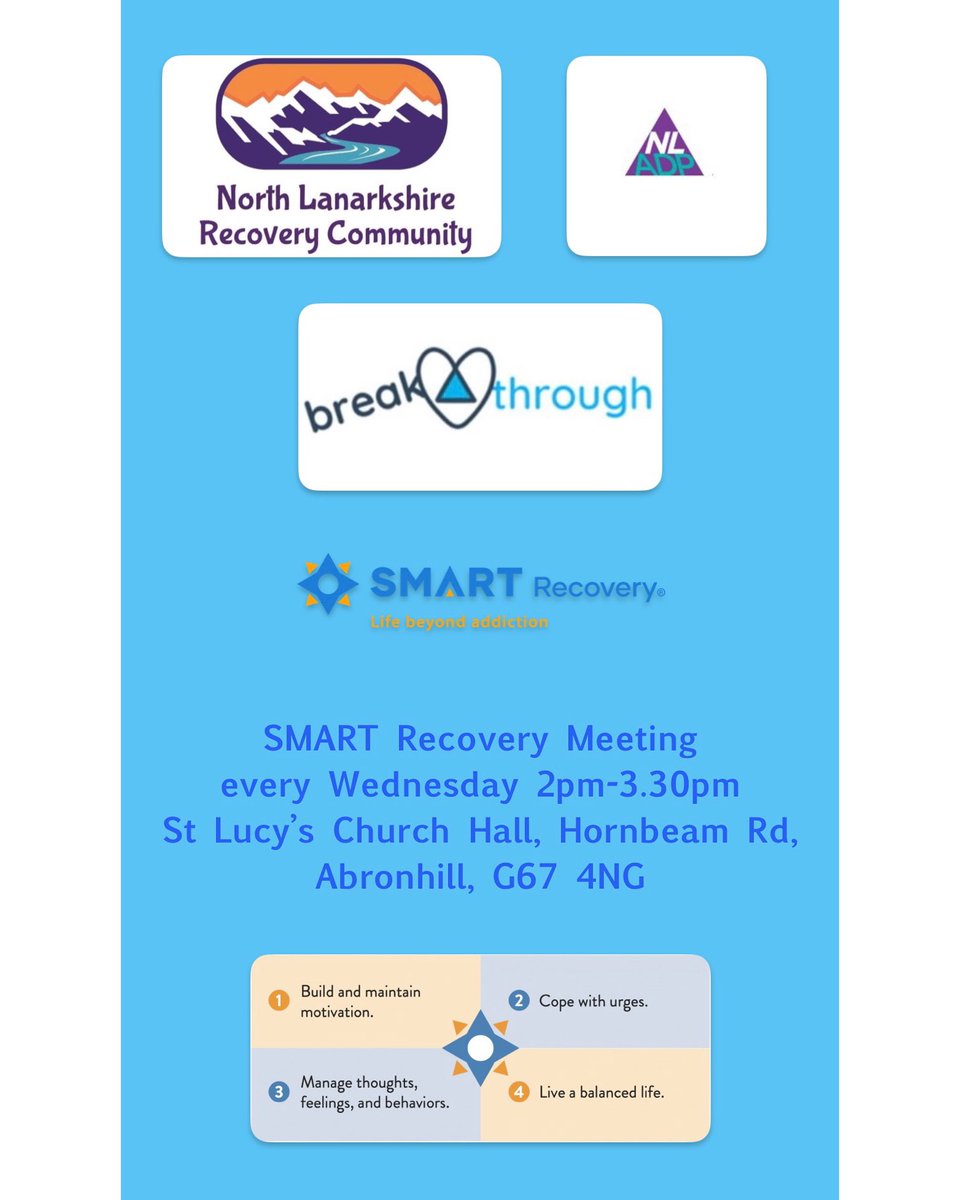 Breakthrough staff now are hosting a weekly SMART Recovery meeting in partnership with <a href="/recovery_nl/">NLRecoveryCommunity</a> - every Wednesday 2pm-3.30pm at their Cumbernauld Recovery Cafe <a href="/NorthlanADP/">North Lanarkshire Alcohol and Drug Partnership 💜</a>