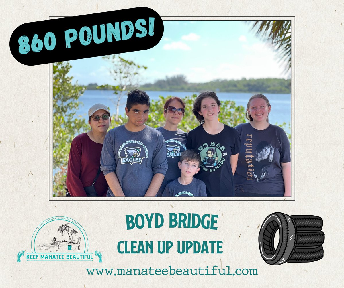 ManateeBeautiFL's tweet photo. 🌿🌉 Boyd Bridge Cleanup Success! 🎉 Thanks to our 22 dedicated #KeepManateeBeautiful volunteers who collected 860 lbs of trash! 🚮 Together, we're making a difference for a cleaner, greener community. Join us for future events! #BoydBridgeCleanup #ManateeCounty 💚🌎 https://t.co/ZXrsU78vCQ