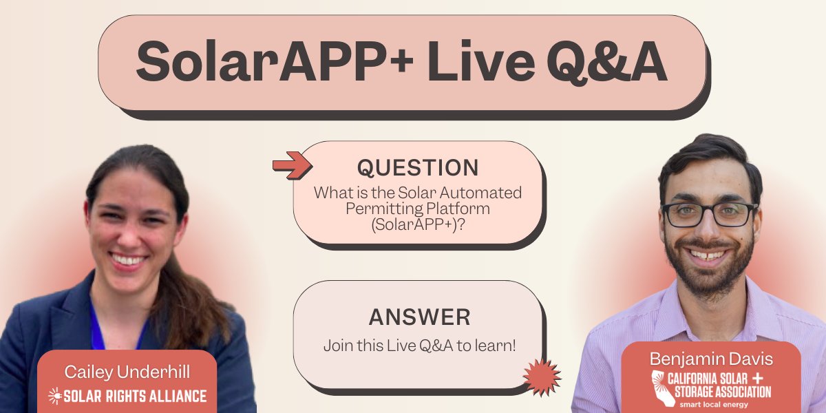 Vote Solar (@votesolar) on Twitter photo Join <a href="/solar_rights/">Solar Rights Alliance</a>, <a href="/CALSSA_org/">California Solar & Storage Association</a>, and <a href="/VoteSolar/">Vote Solar</a> Thursday, April 6th at 1pm PDT for a Twitter Live on the SolarAPP+ and Tweetstorm targeting California city officials.
Use this quick action link during the Tweetstorm: action.votesolar.org/a/solar-app-qa… Join <a href="/solar_rights/">Solar Rights Alliance</a>, <a href="/CALSSA_org/">California Solar & Storage Association</a>, and <a href="/VoteSolar/">Vote Solar</a> Thursday, April 6th at 1pm PDT for a Twitter Live on the SolarAPP+ and Tweetstorm targeting California city officials.
Use this quick action link during the Tweetstorm: action.votesolar.org/a/solar-app-qa…