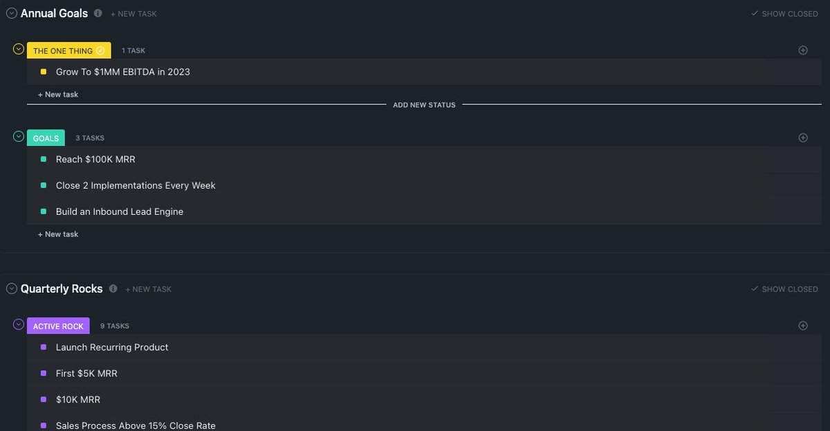 EOS is a framework to improve operations.

It’s designed to:

- Improve focus and clarity
- Increase accountability
- Enhance communication

I’ve built out the entire system in ClickUp.

RT &amp; comment “EOS” and I will DM you the template link.

(must follow me to get the DM)