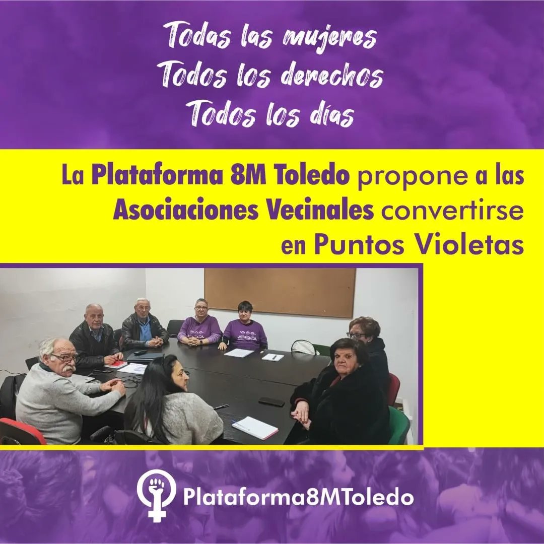 Gracias al Movimiento Vecinal de Toledo, hoy las mujeres tienen más espacios seguros. Seguimos sumando espacios para el feminismo. 💜💜

latribunadetoledo.es/Noticia/ZF82F3…

La Plataforma 8M Toledo propone a las Asociaciones Vecinales convertirse en Puntos Violetas.

tercerainformacion.es/articulo/actua…