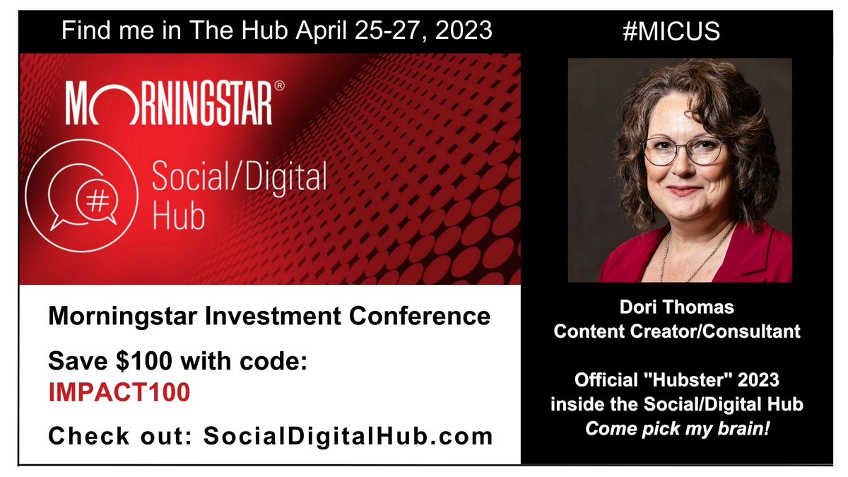 Excited to go to my first @MorningstarInc Conference end of the month!  #MICUS
Get $100 discount upon registering at socialdigitalhub.com IMPACT100
Stop by and see us in The Hub - I'll be there with @JonnySwiftIC @marieswift @ColinSwiftIC @ShawnaOhm @VictorGaxiola  @rwohlner