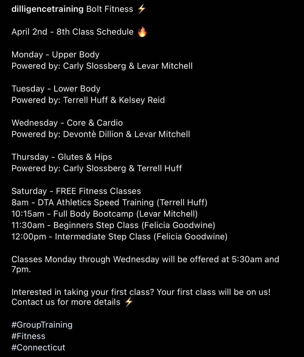 DilligenceTrain's tweet image. DT Class Schedule ⚡️

#GroupTraining
#Fitness
#Bootcamp
#SpeedTraining
#HipHopStepClass