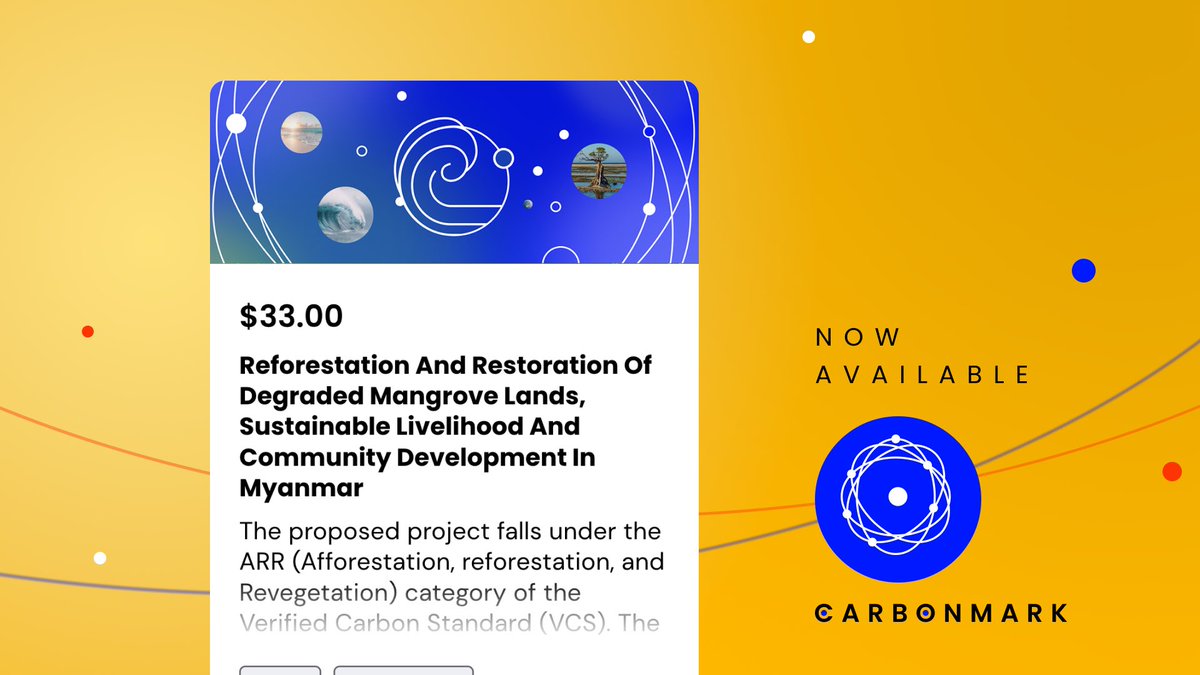 A new high-impact digital blue carbon credit is now available on Carbonmark!

In partnership with <a href="/VlinderClimate/">Vlinder</a>, Mangrove DAO has made over 2,000 Afforestation, Reforestation, and Revegetation credits available.

Join ON SET today at klima.fyi/onset-3 to learn more.