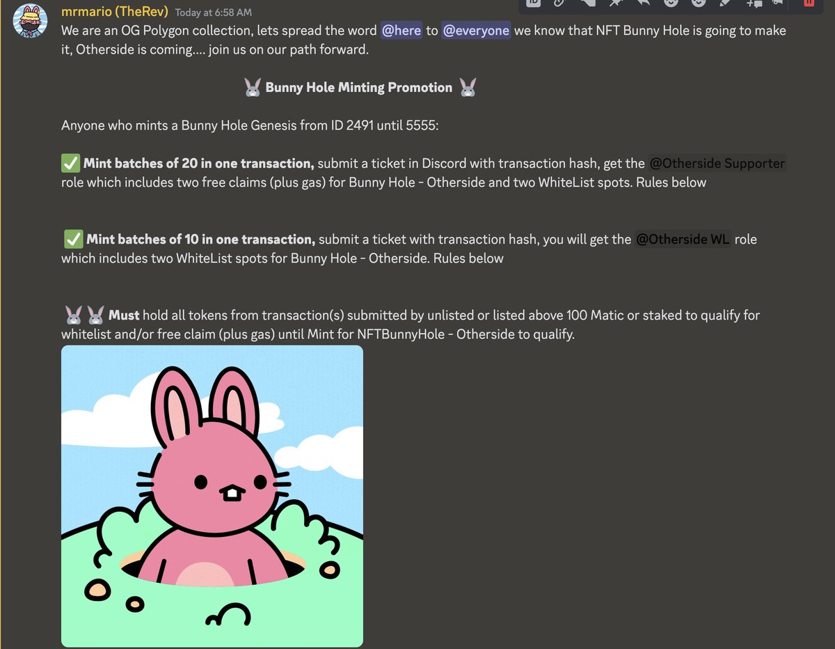 TheRevMMJ's tweet photo. Minting Promo is live🐰
Cost: 6 Matic

....Otherside is coming

This is the Year of the Rabbit

🔗https://t.co/xVutpd3VyD

#PolygonNFT #0xPolygon https://t.co/SAuc8Oyka4