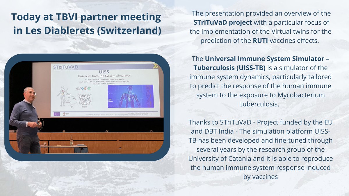 𝐓𝐁𝐕𝐈 𝐩𝐚𝐫𝐭𝐧𝐞𝐫 𝐦𝐞𝐞𝐭𝐢𝐧𝐠
4 April 2023 - Les Diablerets (Switzerland)

#UISS #MycobacteriumTuberculosis #immunesystem #modelingandsimulation #insilicomedicine @STriTuVaD @TBVI_EU @unict_it @DsfsUnict