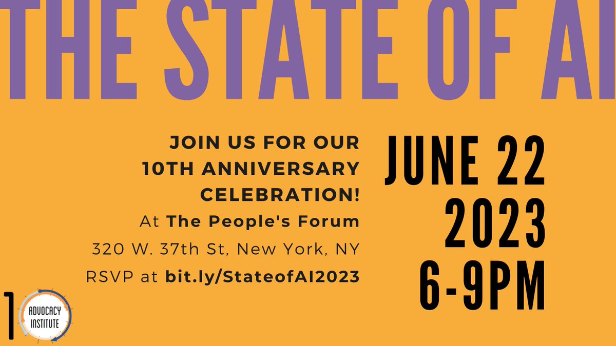 We’re celebrating our 10th anniversary and you're invited! 🎉 You can purchase tickets for the party and/or make a donation here: givebutter.com/StateofAI2023

All <a href="/HelloAdvocacy/">Advocacy Institute</a> member organizations are eligible for two free tickets to the event: ow.ly/KBGH50NqzPX