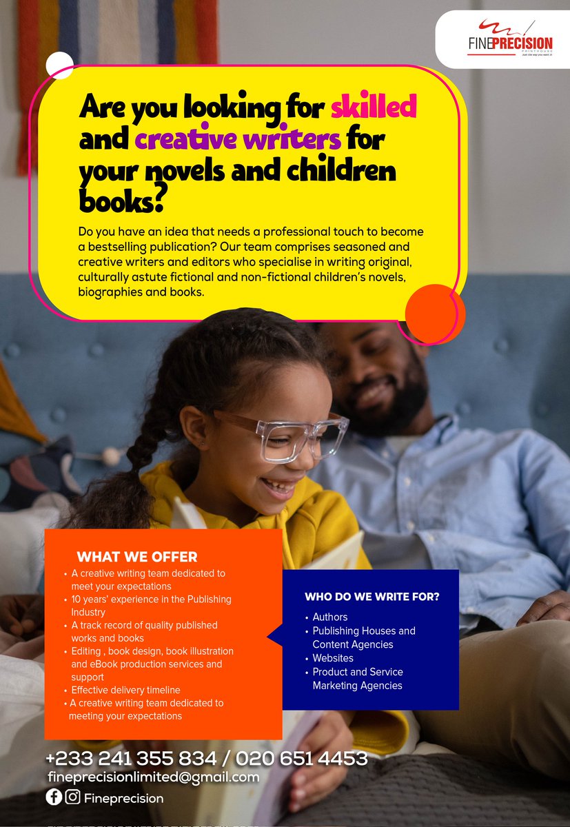fine_precision's tweet photo. Your full service publication agency is right here. ☺. 

 Do you need a ghostwriter, a book editor, or publication development specialists for your textbooks, biographies,  fiction,  non fiction and our personal favourites- children stories? Give us a call. ☺ https://t.co/3llwLCCGvg