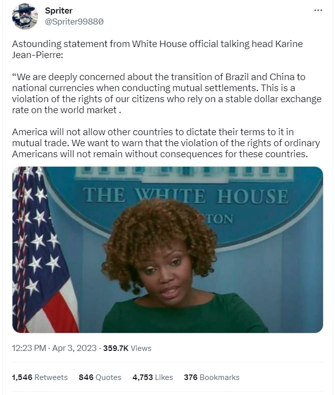 thinking_panda's tweet photo. "We are deeply concerned about the transition of Brazil and China to national currencies when conducting mutual settlements. This is a violation of the rights of our citizens who rely on a stable dollar exchange rate on the world market."
R U KIDDING ME?
She really said that?🤔 https://t.co/Gw2v3uIJEs