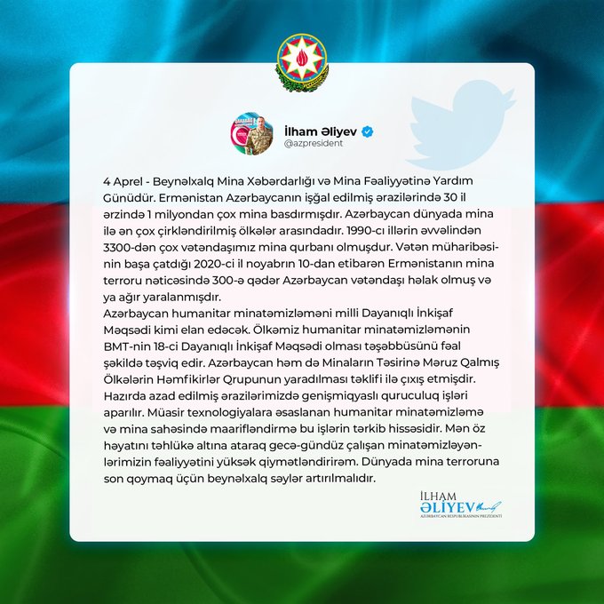 Prezidentdən Beynəlxalq Mina Xəbərdarlığı Günü ilə bağlı PAYLAŞIM