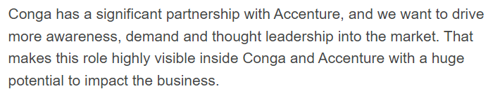 Conga is hiring a Senior Partner Marketing Manager to join our team and lead marketing efforts with <a href="/Accenture/">Accenture</a>, one of our key global partners. If you or someone you know might be interested, contact <a href="/Claire__Couch/">Claire Couch</a>. smartrecruiters.com/Conga/74399989…