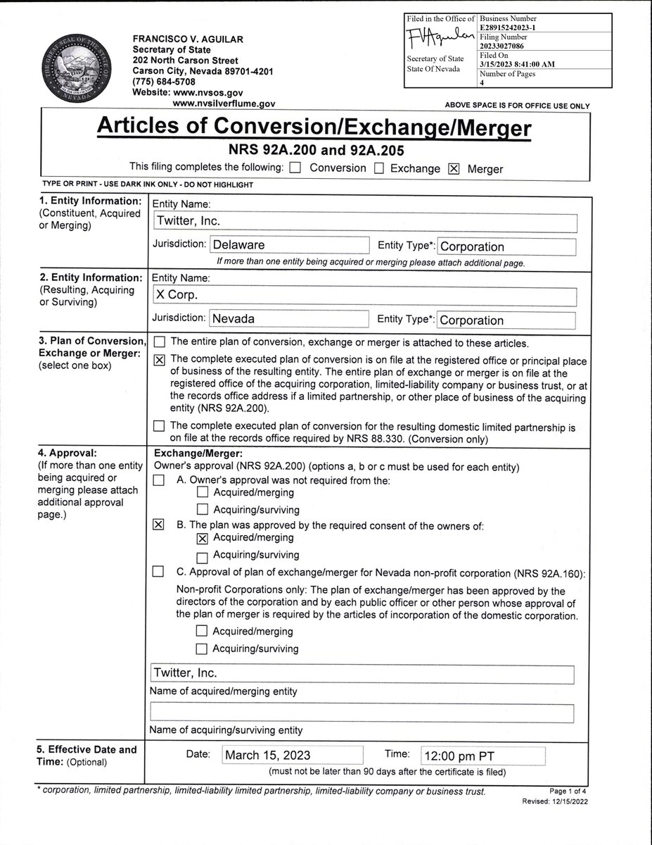 SpacTrader110's tweet photo. Wait, Twitter soon to be X?

Merger filed with Twitter and X Corp and X being the survivor? https://t.co/oNDkZufsHQ