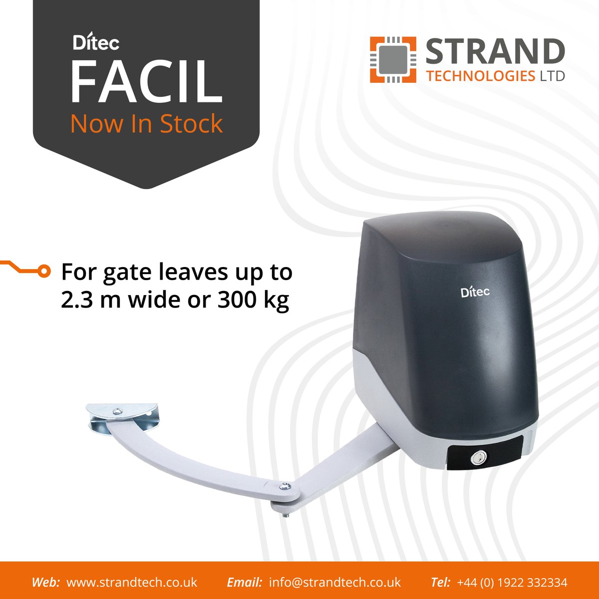 Ditec FACIL is simple and versatile, with articulated arms for gate leaves up to 2.3m and able to hold weights up to 300kg.

Learn more online: strandtech.co.uk/ditec-range

#gateautomation #commercial &amp; #domestic #gates