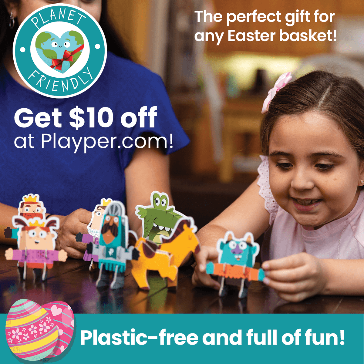 Easter's on its way! Get $10 off plus free shipping, only at Playper.com. #easter #eastergift #easterbasket #sustainable #plasticfree #recyclable #green #discount #coupon #toy