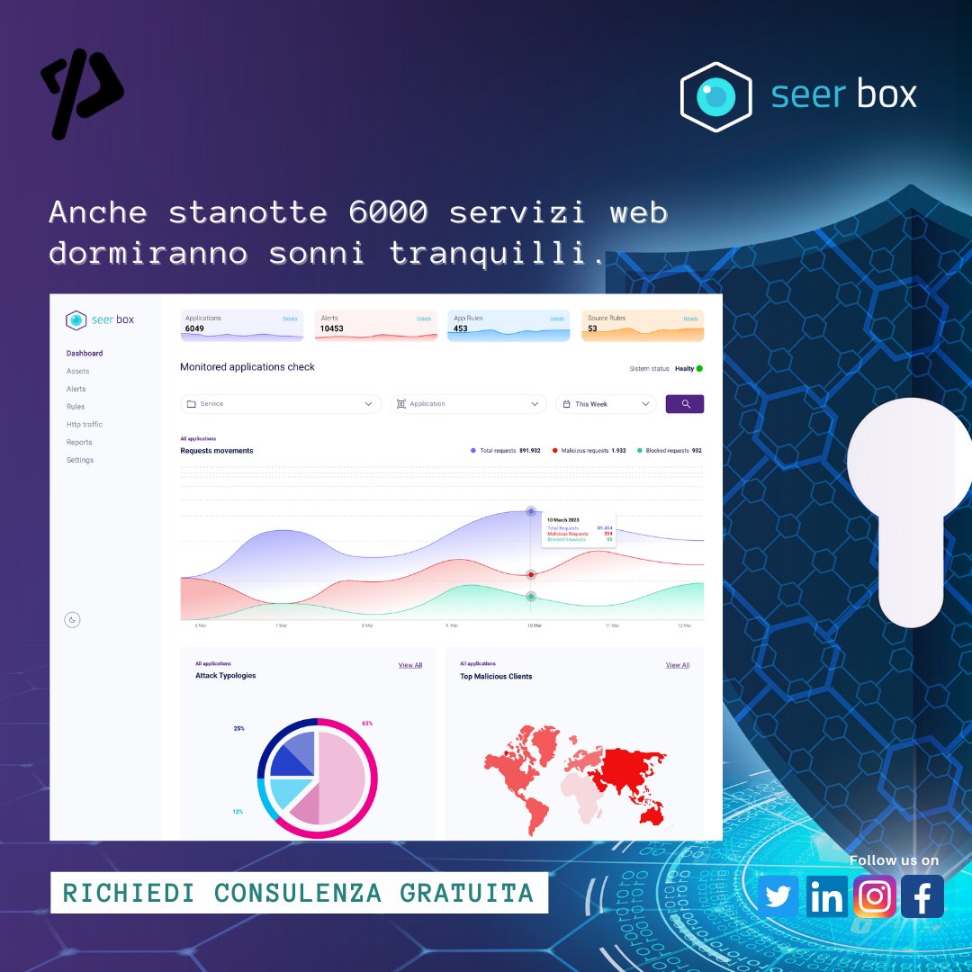 Anche stanotte 6000 servizi web dormiranno sonni tranquilli.

Design  unico e interfaccia intuitiva. Se anche tu desideri dormire senza pensieri, verifica l’efficacia del tuo sistema di sicurezza con Seer Box.
Consulenza gratuita: clicqui.net/2Iwkd

#cybersecurity #hacking