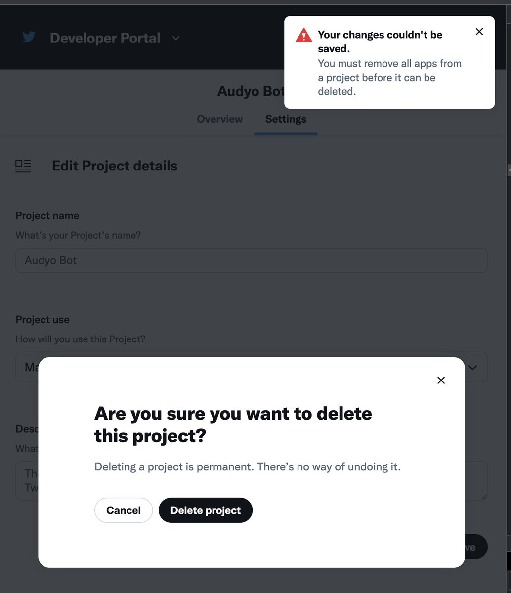 audyo_ai's tweet photo. @TwitterDev hey can you help, we can't delete our project even though there is no app inside it: https://t.co/9TIIP0o6MQ
