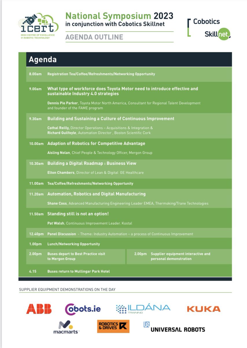 Excellent line up on the 19th April <a href="/mullingarpark/">Mullingar Park Hotel</a> National Automation Symposium with equipment demonstrations on the day. <a href="/ICERTrobotics/">ICERT</a> <a href="/Cobotics_net/">Cobotics Skillnet</a> Book your place today. ICERT.ie #automation #robotics #industry40 #knowledgesharing