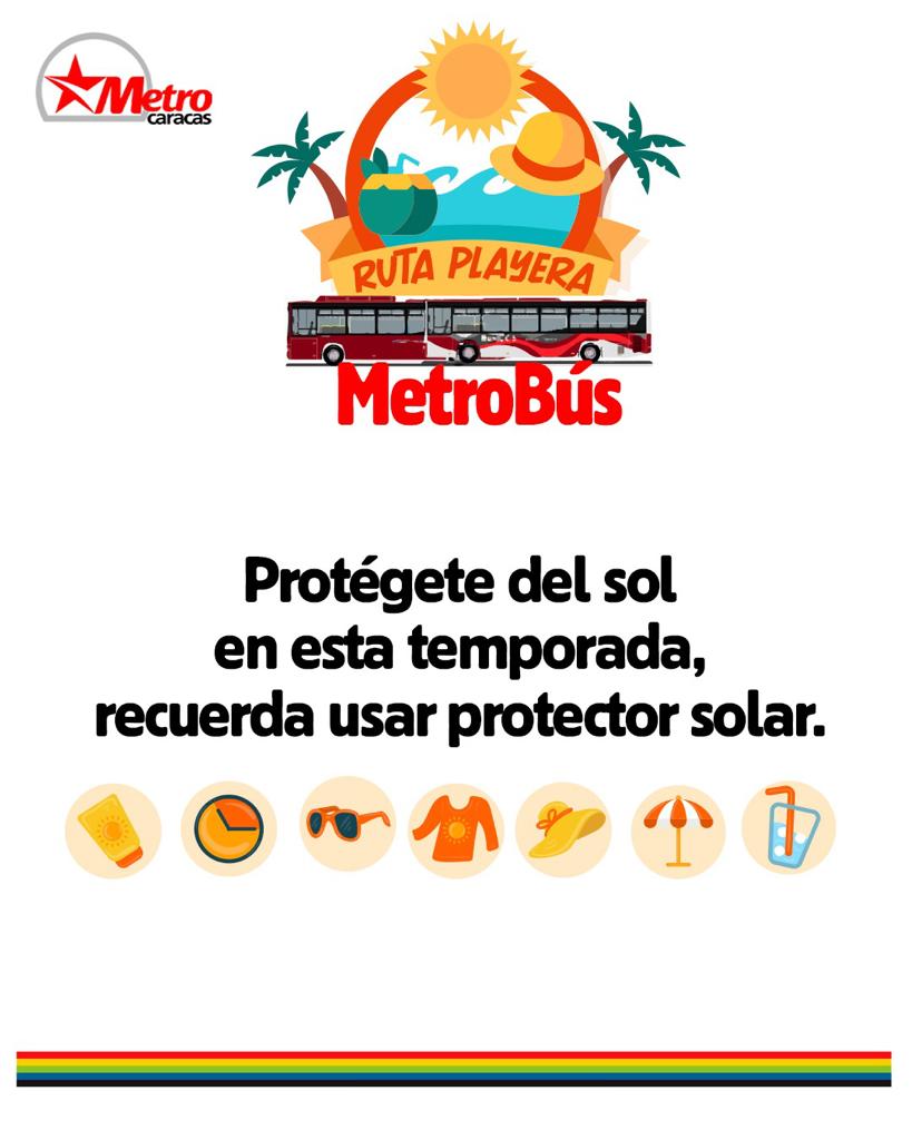 metro_caracas's tweet photo. Protégete del sol en esta temporada, recuerda usar protector solar. Actívate en esta Semana Santa y llégate hasta las playas de #CamuríChico a través de nuestra #RutaPlayera de #MetroBús https://t.co/OoHSlsRY2g