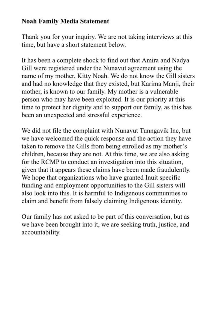IndigenousWome4's tweet photo. Statement from the Noah Family regarding the Gill Twins. https://t.co/HJXrwd4bBk