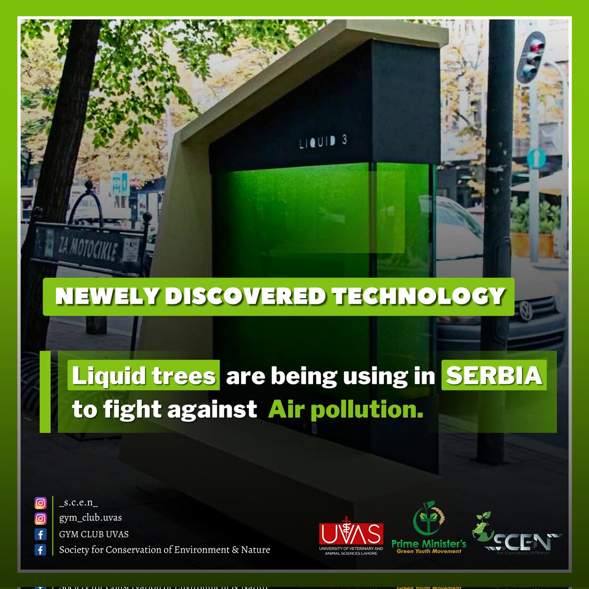 GymUvas's tweet photo. Belgrade has installed Serbia's first urban photo-bioreactor, "LIQUID 3," as a means of combating air pollution. 

This "liquid tree" contains 600 liters of water and microalgae, which bind carbon dioxide and produce pure oxygen through photosynthesis. https://t.co/8MKhTkLjKJ