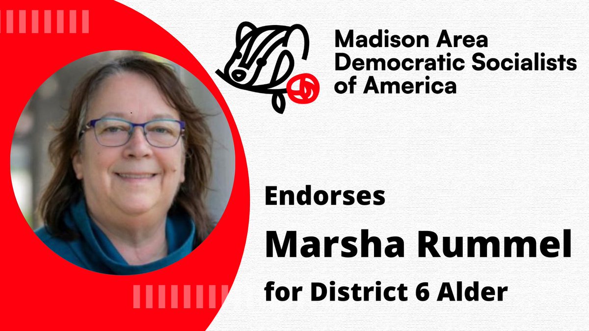 DSAMadison's tweet photo. We're proud to endorse DSA member and longtime activist, @MarshaRummel for Common Council! Marsha's priorities are affordable housing, a Madison Green New Deal, and racial justice. D6, polls are open until 8pm! https://t.co/y5rCLxz70n
