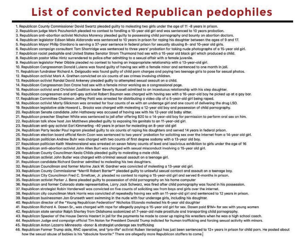 grunner01's tweet photo. Hey Marjorie Taylor Greene, you shouldn't be throwing stones. Your party has a lot of pedophiles 👀. #RepublicanPedophiles #RepublicanParty #MTG #MTGSpewsNonsense @RepMTG @mtgreenee https://t.co/isruQn2Spo