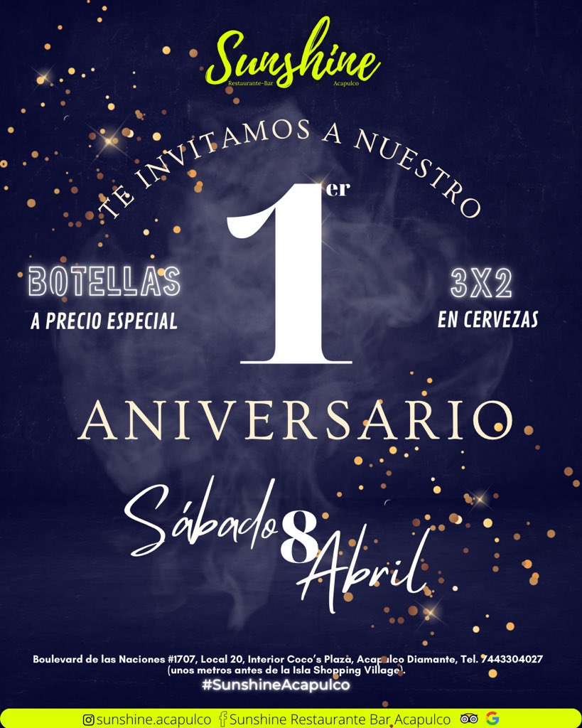 MQuezada87's tweet photo. Un año de que iniciamos éste proyecto, contentos de cumplir un 1er Aniversario, #SunshineAcapulco☀️🌊🎶 los invita a que nos acompañen a celebrar. Gracias por aceptarnos y dejarnos ser parte de sus momentos! 🇲🇽🍽🇻🇪 #Acapulco #acapulcodiamante #SemanaSanta2023 https://t.co/0X2OEU0CNM