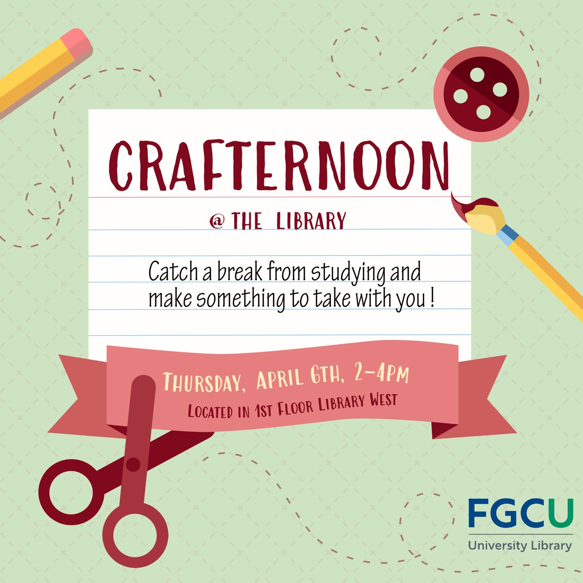 fgculibrary's tweet image. This Thursday we are hosting a crafternoon! Come to Library West, take a load off, and create something fun! We will provide all the craft supplies, just bring your creative mind and craft-ready self. 

#library #fgcu #fgculibrary #libraries #crafternoon