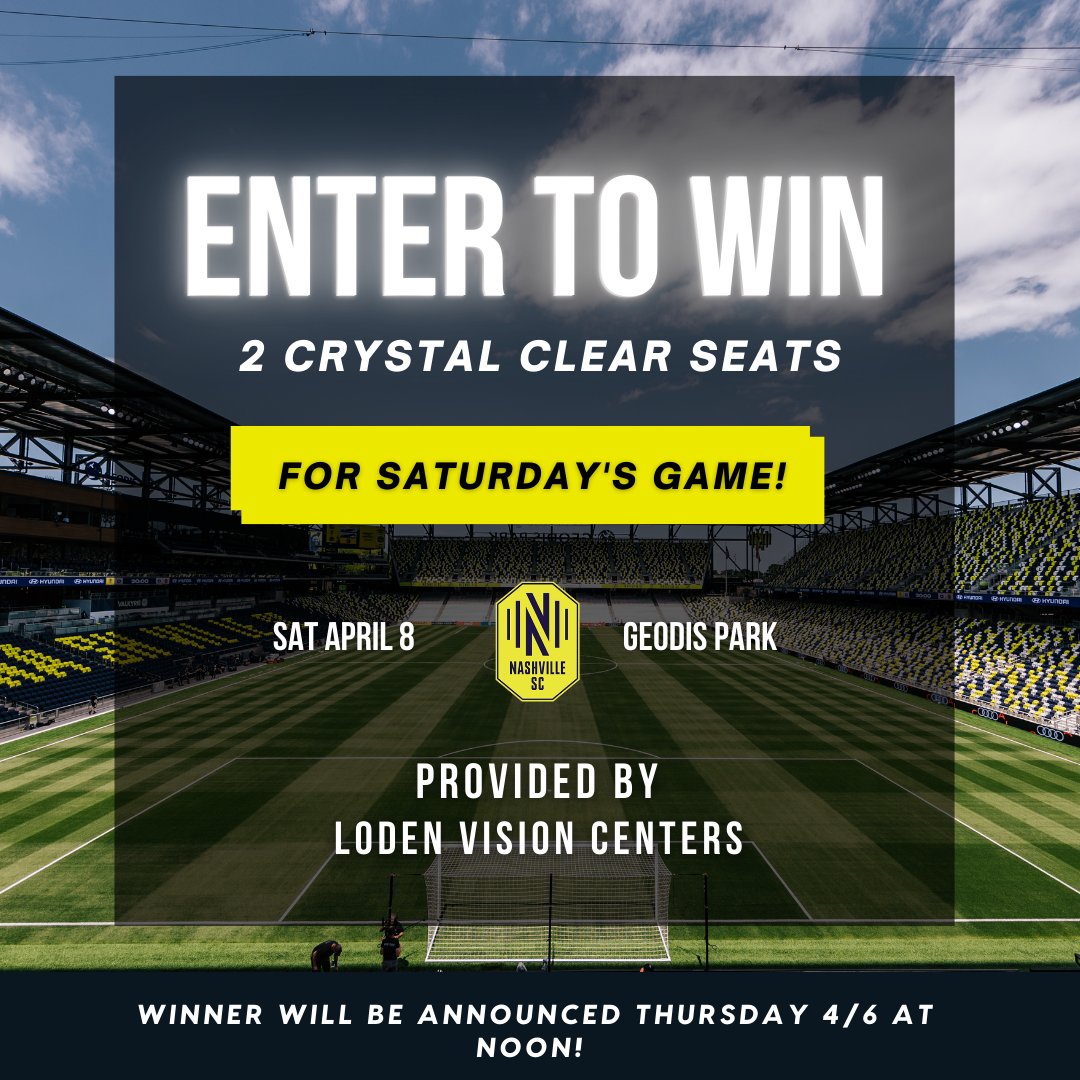It's time for our next Crystal Clear Seats Giveaway!🤩⚽️

Loden Vision Centers gives away 2 amazing seats at every Nashville SC home game, and this could be YOUR chance to win! 🎉

Enter now at zurl.co/4CoM ✨

Our goal is always clear vision. 💚