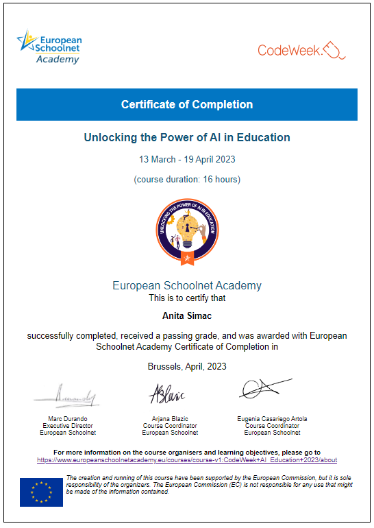 AnitaSimac74's tweet image. Another wonderful #MOOC from @eu_schoolnet moderated by @abfromz 👩💻 #UnlockingAI #CodeWeekUnlockingAI This was a great learning experience and I enjoyed every module. Thank you 😊