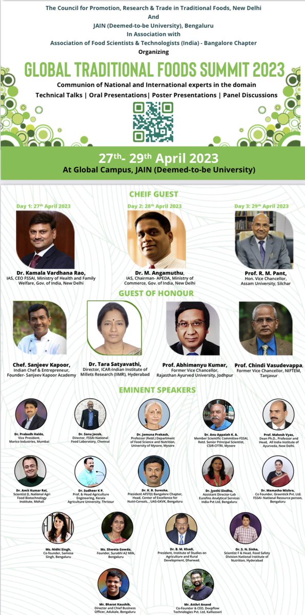 cprttf's tweet photo. The Council for Promotion Research &amp; Trade in Traditional Foods (CPRTTF) and Jain University, Bengaluru in association with Association of Food Scientists &amp; Technologists- Bangalore Chapter is organising GLOBAL TRADITIONAL FOODS SUMMIT 2023 from 27th to 29th April 2023.

#summit https://t.co/3AI8t94lrb