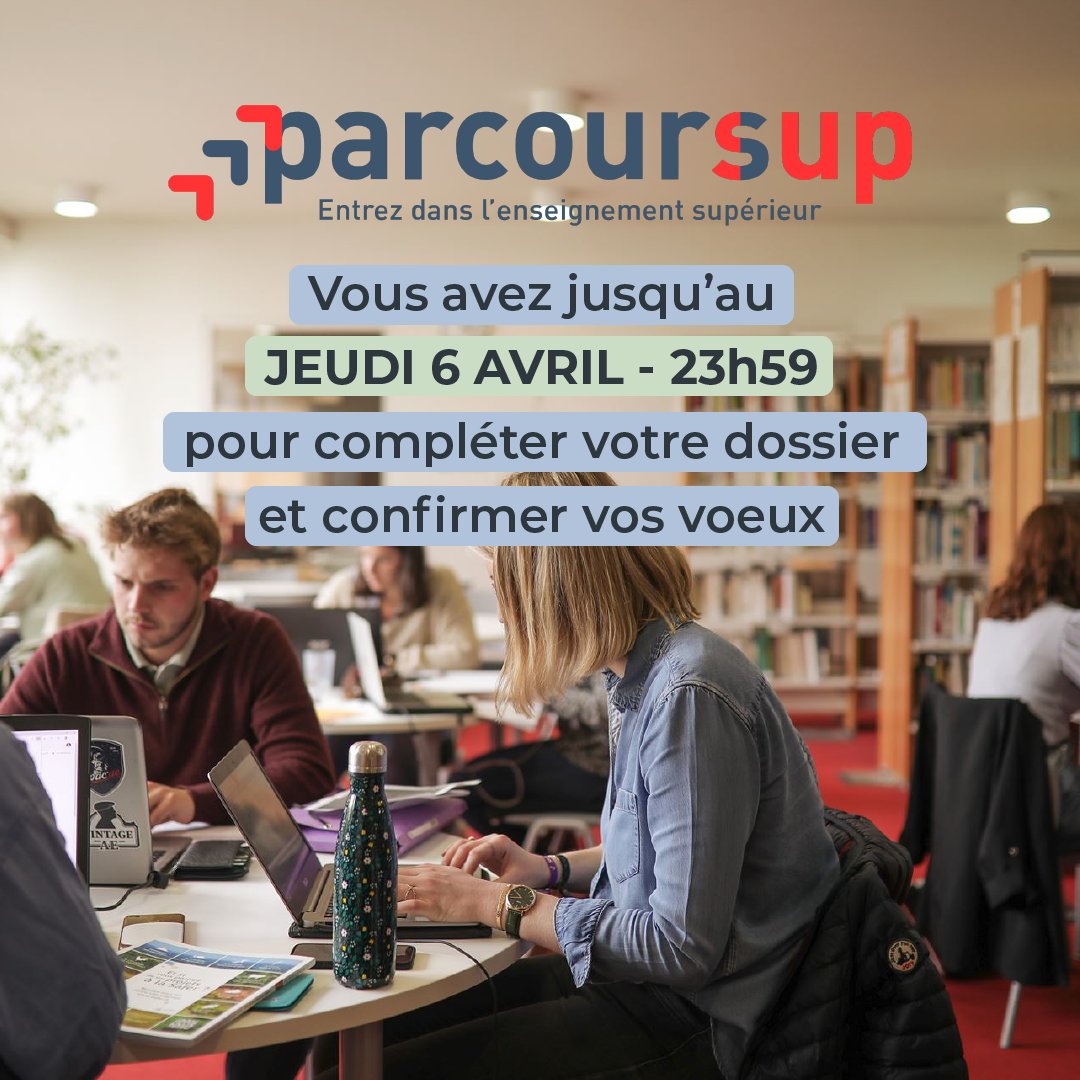 [ PARCOURSUP : dernière ligne droite ! ] 
Il vous reste quelques jours pour confirmer vos vœux et compléter votre dossier sur Parcoursup ! 
❗️ Seuls les vœux et sous-vœux confirmés seront étudiés par les établissements. Un vœu non confirmé ne sera pas transmis à la formation !