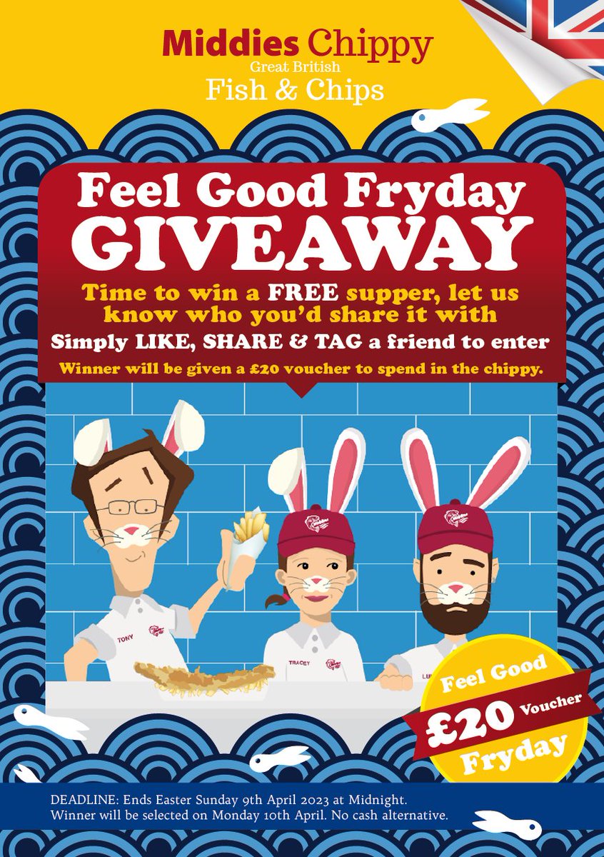 GOOD FRYDAY COMPETITION!  It's time to win yourself a free supper!
TAG a friend &amp; SHARE the post to enter. Winner will receive a £20 voucher to spend in #MiddiesChippy
Deadline: 09/04/23 Winner announced 10/04/23
#giveaway #GoodFriday #Easter #Gainsborough