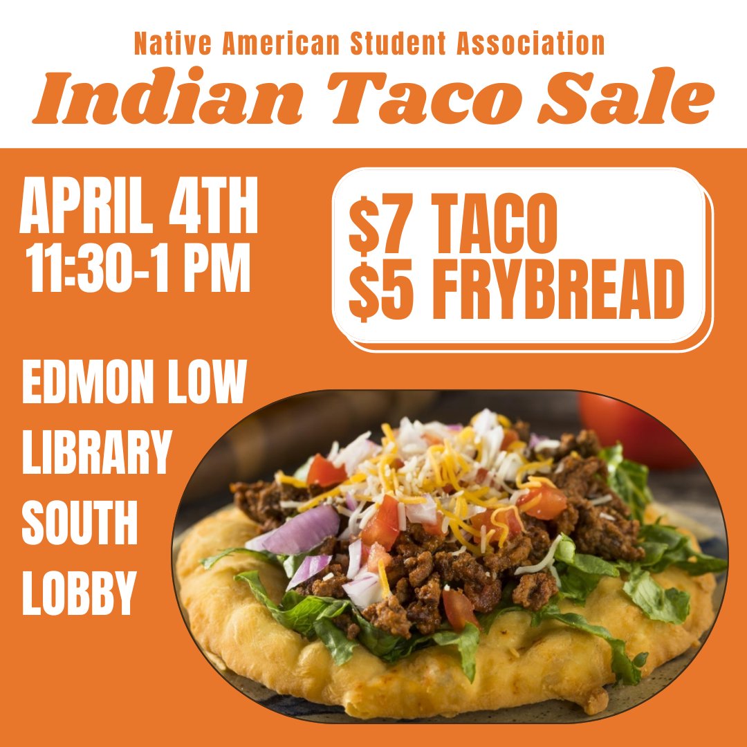 sovnationcenter's tweet image. Make sure to stop by the South Lobby of Edmon Low Library today between 11:30am and 1:00 pm and grab an Indian Taco from NASA!  #tacosale #frybread #osunativeamericanstudentassociation