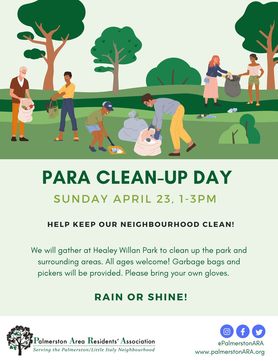 Join us at Healey Willan Park on Sunday, April 23 from 1-3pm for our spring cleanup day! #cleantoronto <a href="/LiveGreenTO/">Live Green Toronto</a>
