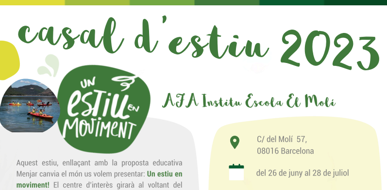 L’AFA de l’Institut Escola El Molí ofereix el Casal d’estiu: Un estiu en moviment!
Va dirigit a tots els infants de 3 a 12 anys amb ganes de jugar, de passar-s’ho bé i de viure el casal com uns dies inoblidables.  bit.ly/3m9rCac