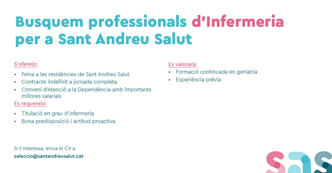 OFERTA FEINA | 🔍 Busquem professionals d'Infermeria per a Sant Andreu Salut.
📩 Podeu enviar el vostre CV a seleccio@santandreusalut.cat
