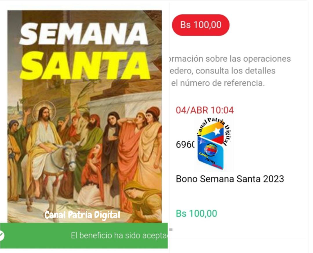 💳 Continúa la entrega del Bono de Semana Santa 2023 enviado por nuestro Pdte. <a href="/NicolasMaduro/">Nicolás Maduro</a> a través del Sistema <a href="/CarnetDLaPatria/">Carnet de la patria</a>.

La entrega tendrá lugar entre los días 03 al 13 abril de 2023.