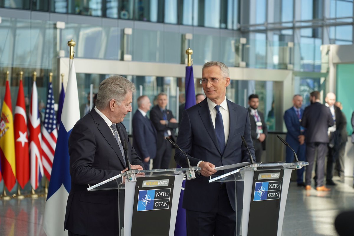 DanishMFA's tweet photo. 🇩🇰 FM @larsloekke: Thrilled to welcome #Finland as a member at @NATO #ForMin meeting. Witnessing the flag raising ceremony truly feels historic. Looking forward to welcoming #Sweden as soon as possible. Will make our NATO family stronger and safer. #WeAreNATO #StrongerTogether https://t.co/BVdNEpUeUR