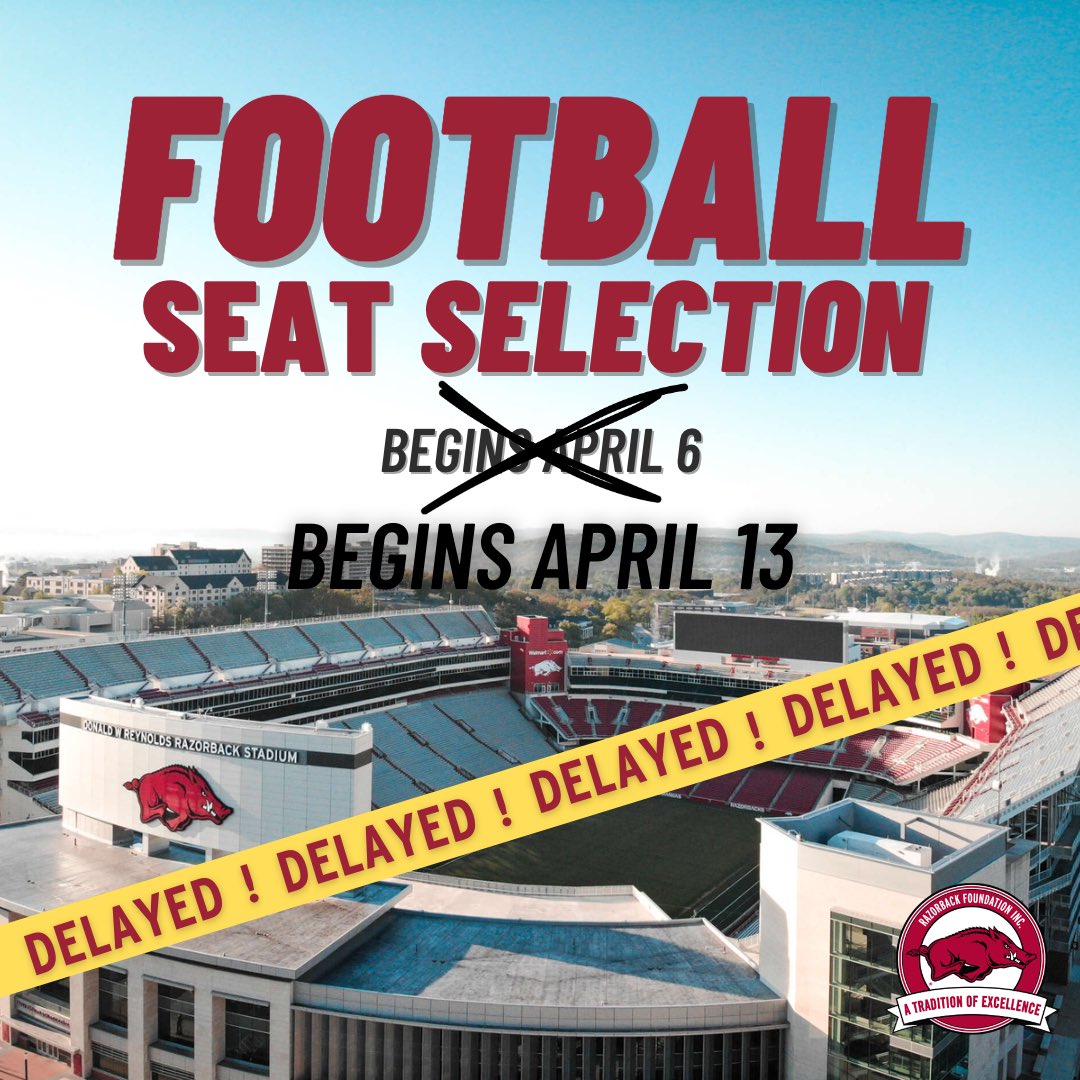 In light of the horrific damage the recent tornadoes caused across the state, we are delaying football seat selection for one week. Our thoughts continue to be with those who were impacted. Please check your email for your new appointment time! 
#United4AR #ONERazorback