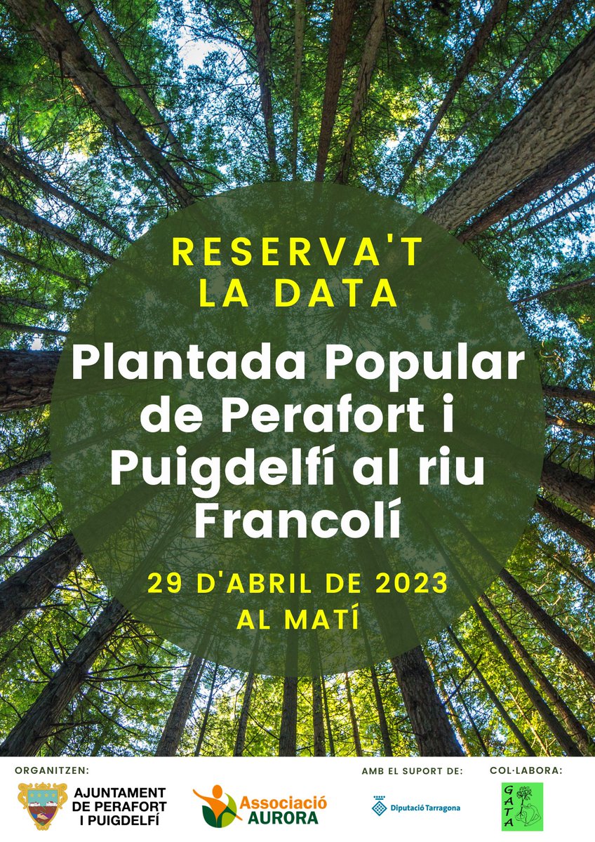 auroracet's tweet image. 📢 Dissabte 29 d’abril al matí l’#AssociacióAurora i l'Ajuntament de #Perafort i #Puigdelfí organitzem la Plantada Popular de Perafort i Puigdelfí al riu #Francolí amb el suport de @Dipta_cat i col•laboració del #GATA. T’hi esperem!
#DiptaSuma #MésSostenibilitat #custodiafluvial