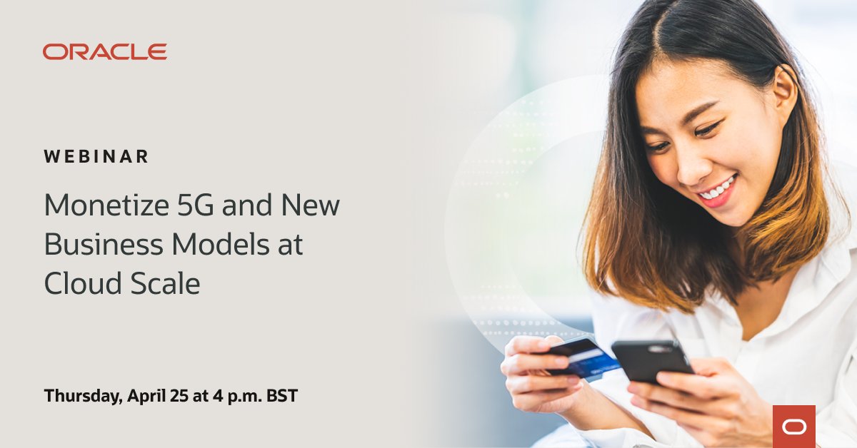 DiSeghposs's tweet photo. Register today! Learn how service providers are using @Oracle Cloud Scale Monetization to take advantage of new #5G service opportunities with a cloud technology stack.  https://t.co/NrDYMi8Opc https://t.co/bAqPV4jGTi