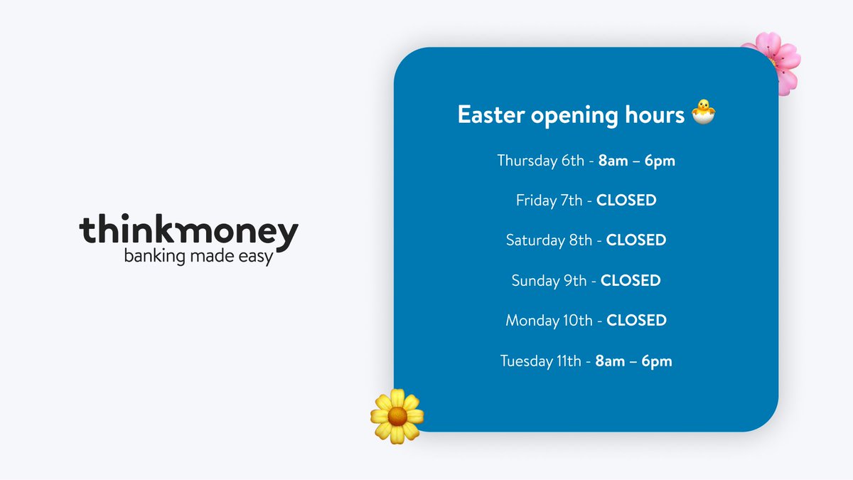 With Easter coming up, you may need to know our opening hours ⏰

Remember, our app is your go-to for everyday banking 📱 bit.ly/open-tm-app