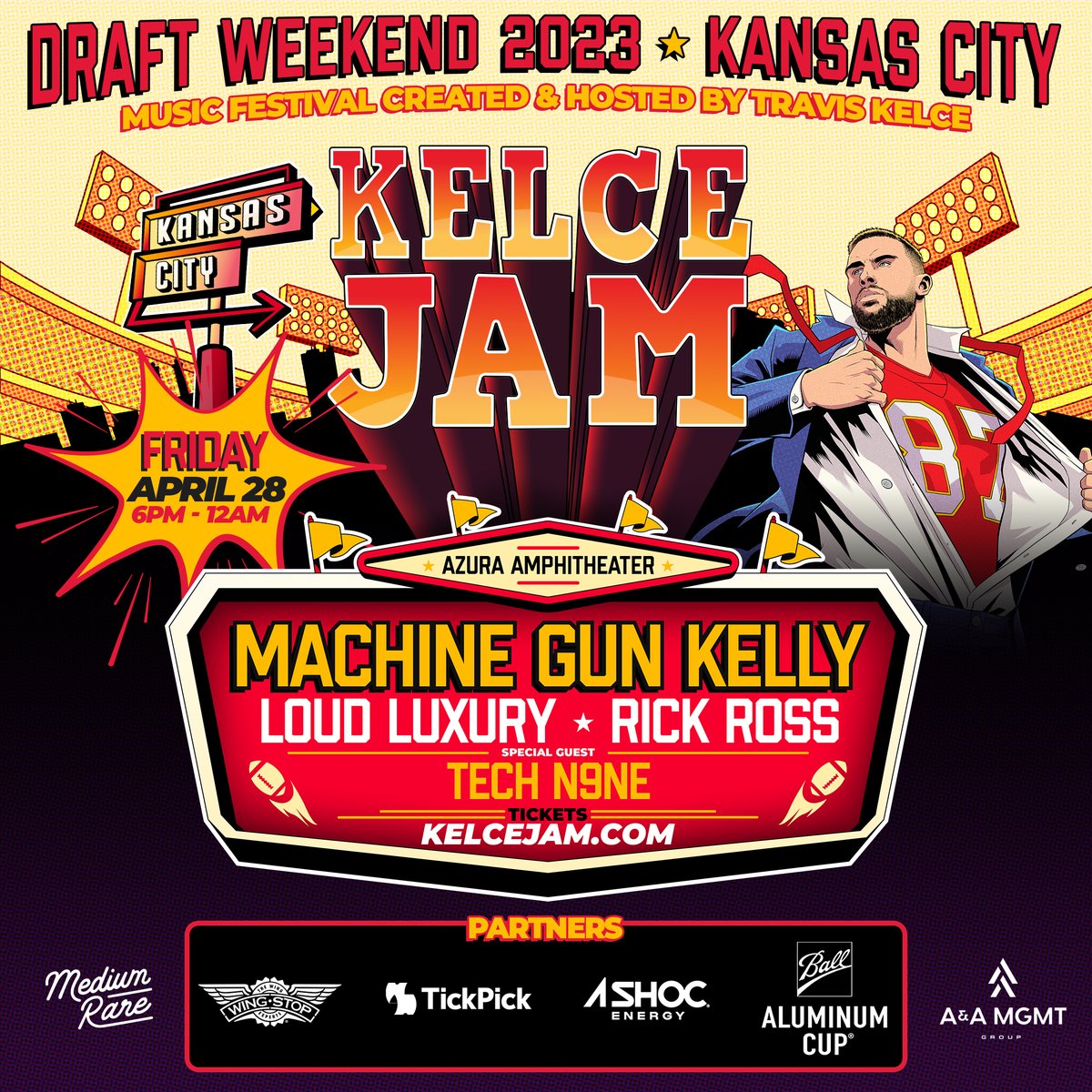KelceJam's tweet photo. Excited to announce one of KCโs biggest events ever.. @tkelce's very own music festival @KelceJam ft. @machinegunkelly, @RickRoss, @LoudLuxury, & @TechN9ne on Fri April 28, Draft Weekend at @AzuraAmp.
Pre-sale opens this Friday at 10AM CST, Register Now: https://t.co/TFR2O7ldZU https://t.co/6FTcbaJxXa