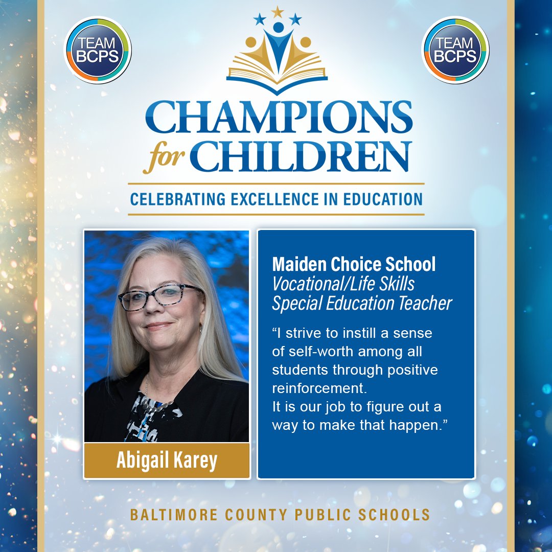 Baltimore County Public Schools (@baltcops) on Twitter photo 🎉 Meet Abigail Karey, #TeamBCPS High School Teacher of the Year and 2023-2024 BCPS Teacher of the Year Finalist! <a href="/Maiden_Choice/">MaidenChoiceSchool</a>
✨ Join us on Wednesday, April 19, for our livestreamed Champions for Children awards gala!
Learn More ➡ ow.ly/vcJ050NrBSo 🎉 Meet Abigail Karey, #TeamBCPS High School Teacher of the Year and 2023-2024 BCPS Teacher of the Year Finalist! <a href="/Maiden_Choice/">MaidenChoiceSchool</a>
✨ Join us on Wednesday, April 19, for our livestreamed Champions for Children awards gala!
Learn More ➡ ow.ly/vcJ050NrBSo