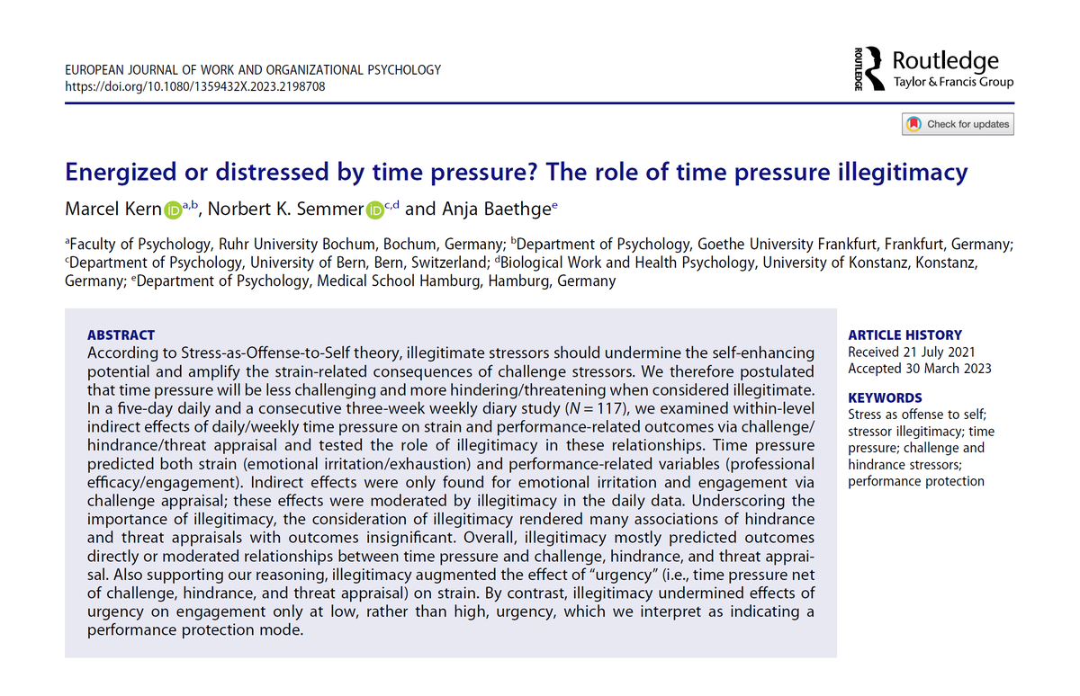 Marcel_Kern_'s tweet photo. Working under #timepressure for no legitimate reason undermines the challenge and amplifies the hindering/threat potential of time pressure. Read our new article on time pressure illegitimacy.
https://t.co/VP8IrTT8x5
#academia #work #science https://t.co/9g7f2Nr8f4