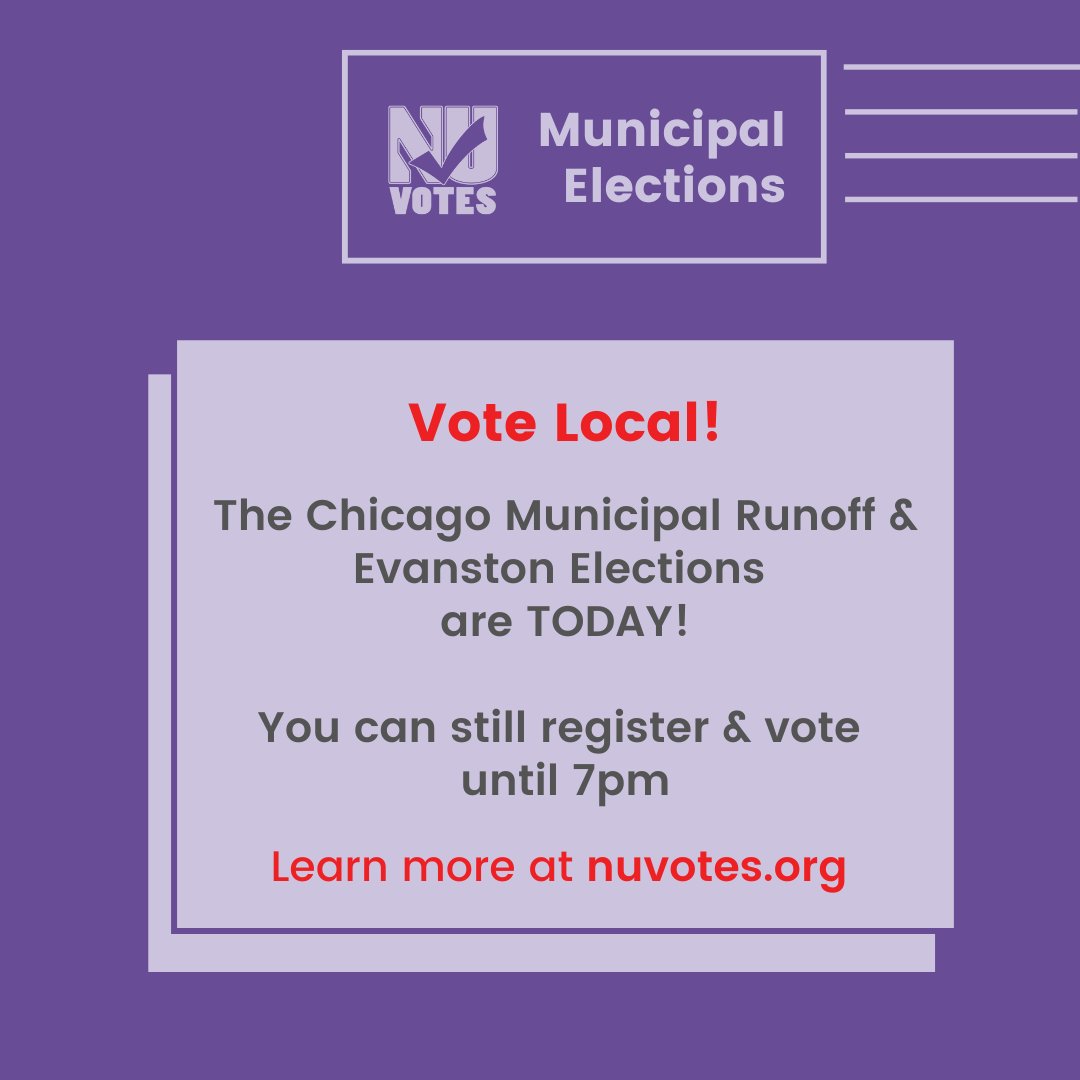 nuvotes's tweet photo. Don't miss your chance to weigh in on Chicago's next Mayor, your ward's representative on City Council, or Evanston school board members. It's not too late to register. If you're eligible, VOTE TODAY! Find your local polling place at https://t.co/ZLM8Zsvm6f https://t.co/WD72M7Ly5q
