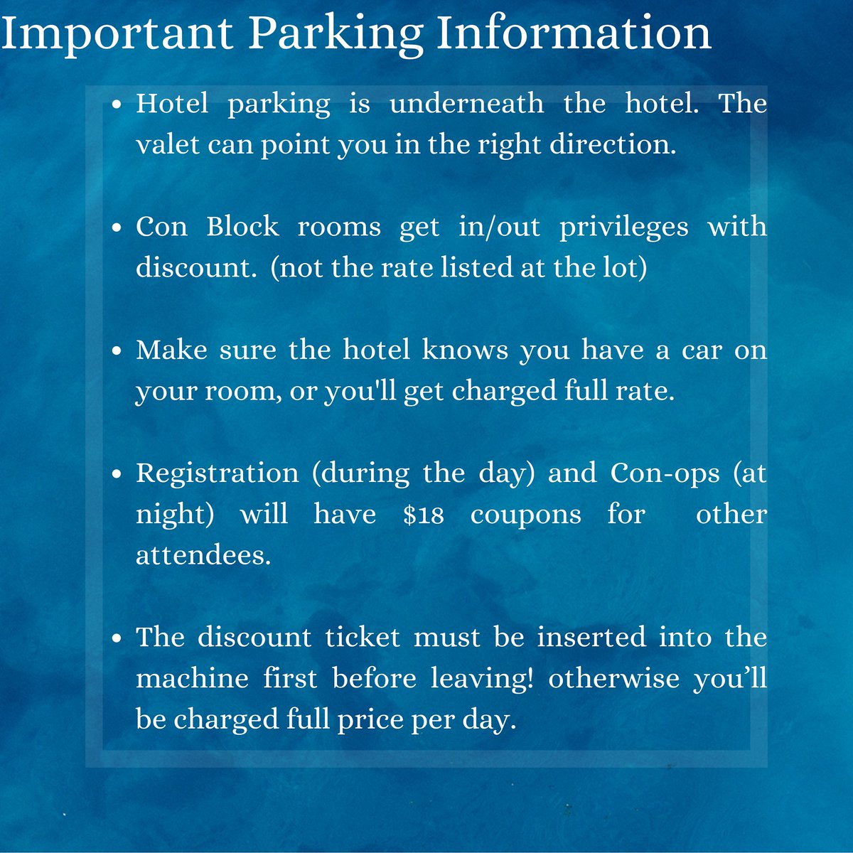 3 days until opening Ceremonies
2 days until Registration opens.

Hey Travelers, we are getting lots of questions in the telegram chats and in emails to the con. here is a little guide for hotel parking. The Discount is $18 for guests in the room block.

#GSFC2023 #hotelparking